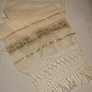 Cream and gold woven scarf with tassels
